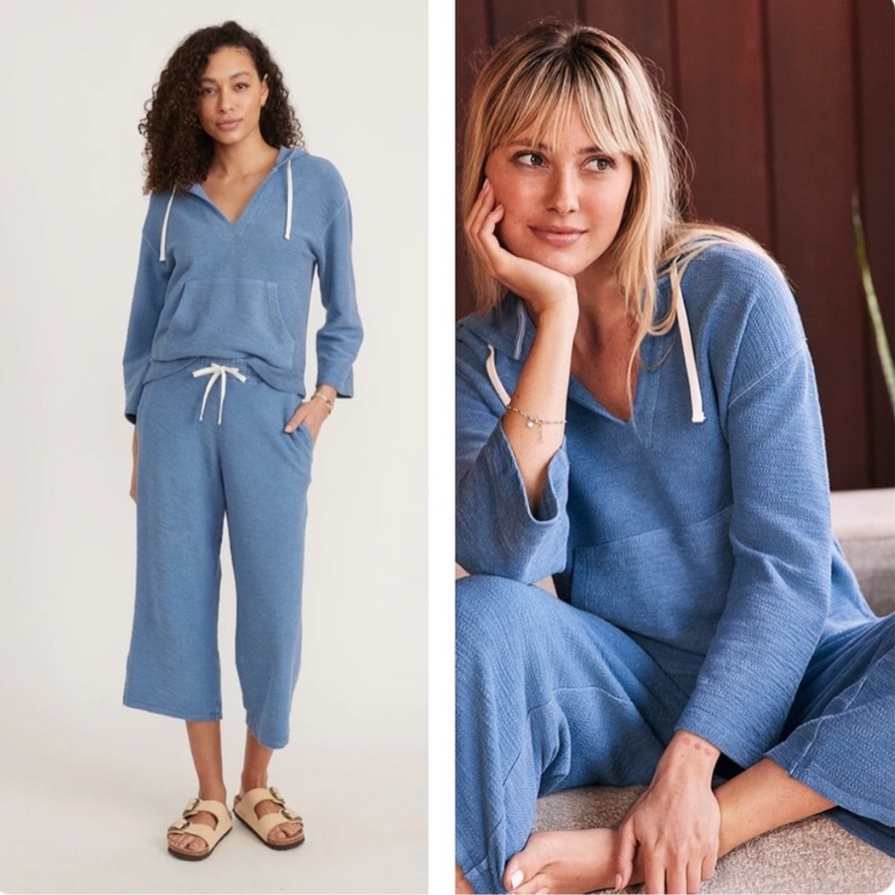 Marine Layer Clayton Hoodie and Boucle Wide Leg Light Indigo Lounge Pant Set